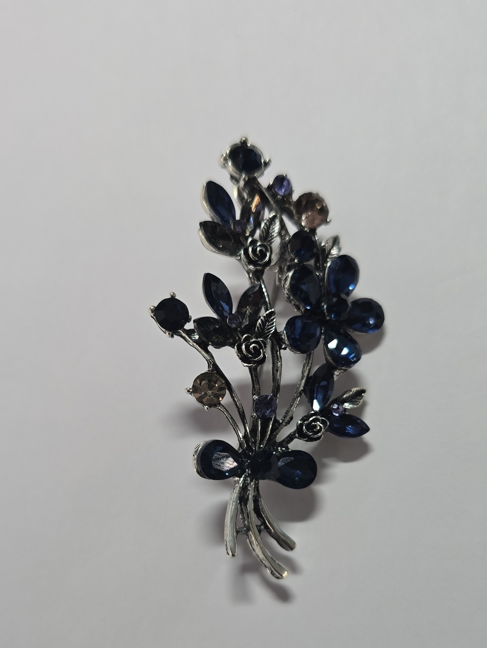 Silver-Tone Blue Crystal Floral Brooch/Pendant